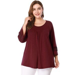 Women's Plus Size Crochet Panel Kimono Raglan Sleeves Tops Burgundy